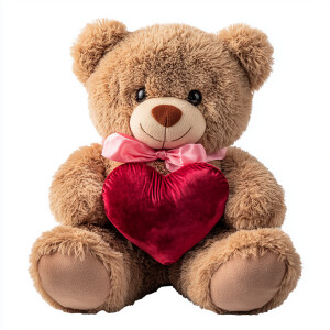A fluffy brown teddy bear sitting with a large red heart between...