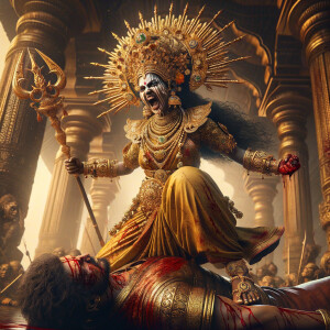 portrait of angry looking, indian goddess trampling a defeated m...
