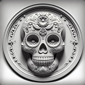 Sugar skull, grayscale 3d bas relief, simple  round border