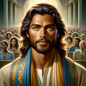 Illustrate an inspiring African-American Jesus crust with a dign...