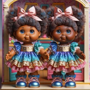 Design a 3-D realistic original African-American Cabbage Patch doll. She has on a blue pink and gold dress with matching booties. She has pink and blue bows in her hair. she lives inside of a colorful dollhouse. She has freckles and big dimples.