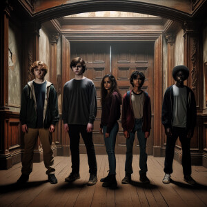 Four teenagers are standing in an abandoned mansion. The front d...