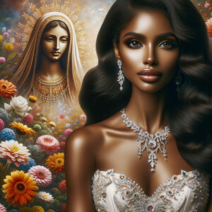 Visualize a stunning bride with a rich blend of african-American Latino heritage, her skin glowing with a soft, warm hue. Her elegant gown, a masterpiece of design, is intricately adorned with sparkling jewels that catch the light with every movement, creating a mesmerizing effect. Her long, wavy dark hair frames her face beautifully, enhancing her radiant beauty. Behind her, the backdrop is alive with an explosion of colorful flowers, each petal and leaf adding vibrancy to the scene. Amidst this floral abundance, the serene face of a brown Jesus is subtly integrated into the background, bestowing a sense of divine grace and tranquility to the composition. This image captures a moment of exquisite beauty, spiritual depth, and the celebration of love.