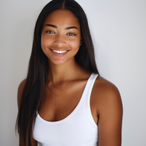 A cute woman

Smiling 

Clothes: white tank top

Looks Clean & M...