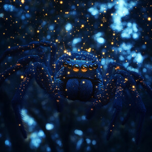 Realistic jumoing spider looking into the stars in the forest.