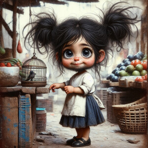 Textured, airbrushed image, of a small thin girl walks in a mark...