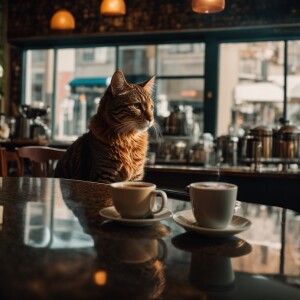 Cat drinking coffee at coffe shop