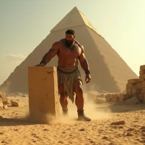 A towering giant carefully places a massive limestone block onto...