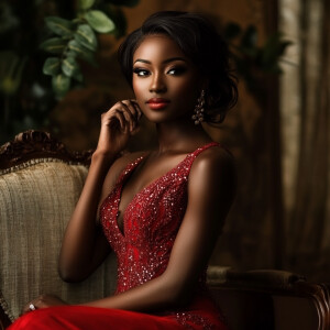 A beautiful African-American woman in a red evening gown in an e...