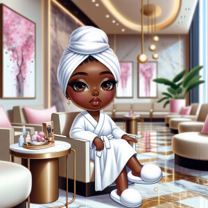 A chibi-style African American woman enjoys a luxurious spa day,...