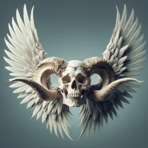 3d rendered image of a skull with bull horns and angel wings spr...