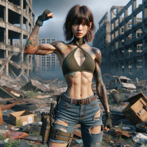 Thin Asian teen girl wearing tight jeans and a halter top Long brown hair and bangs, tattoos on her arms, athletic heroic pose