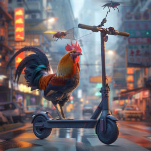 A drone drops a net on a rooster riding a Xiaomi scooter
