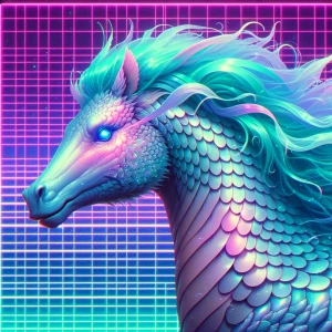 A dreamy kelpie, its watery mane shimmering in pastel hues, exud...
