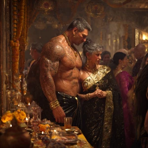 Realism,v6.a muscular beefy sweaty tattoed indian man enjoying w...