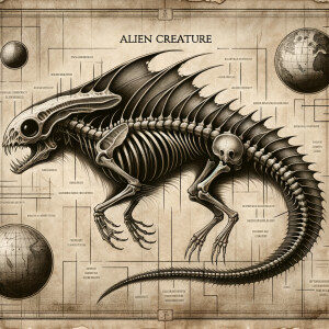 Alien creature illustrated on aged parchment with anatomical bon...