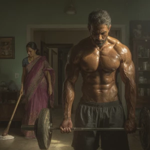 Hyperrealistic art,realism. .a indian  muscular beefy  sweaty ma...