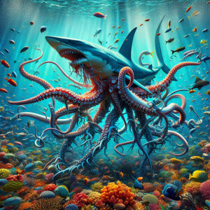 Create an image of a Sharktopus with a streamlined shark's body...