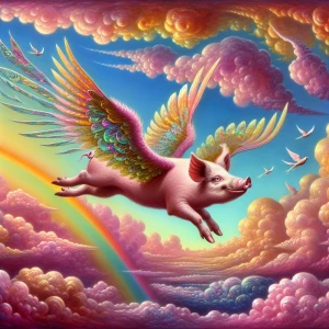Illustrate Pigasus, the whimsical flying pig, soaring through a...