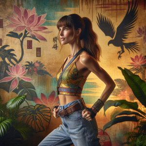 Athletic Thin skinny Attractive, Asian teenage girl, long brown hair and bangs, wearing tight skinny jeans and a halter top paint marks on her clothing, heroic pose Asian graffiti background, side view