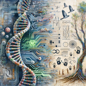 circuitry, diagrams Cellular structures, DNA, circuit boards, colorful wires,  asian and Egyptian  graffiti, lie detector graphs, cardio, printout , branches infinity sign, cave, Art, handprints, distant birds flying, flowering vines, abstract gestural painting, dna