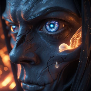 "3D, photorealistic close-up of the Grim Reaper’s face, focused...