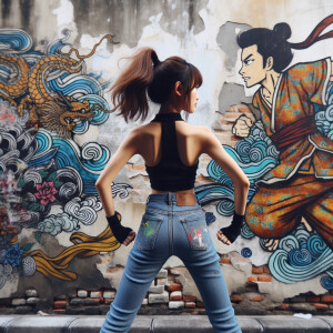 Attractive, Asian teenage girl, long brown hair and bangs, wearing tight skinny jeans and a halter top paint marks on her clothing, backside view heroic pose Asian graffiti