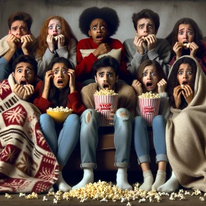 Adolescentes sentados en un sofá, apretujados y cubiertos con ma...
