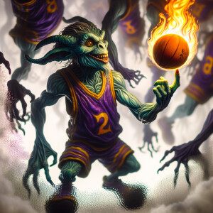 vivid reflection effect of a macabre goblin wearing a LA LAKERS...