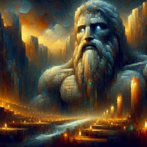 In the dimly lit chamber hung a majestic giant of a figure, towe...