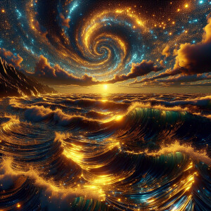 3D image of a beautiful night at the beach. There are elements i...