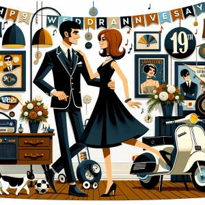 ‘Happy 19th Anniversary!’ Written
A 60s mod vibe with a tan male...