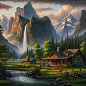 A log home in the country with mountains and waterfall in backgr...