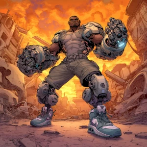 Depict a large, muscular Nigerian humanoid character in a dynami...