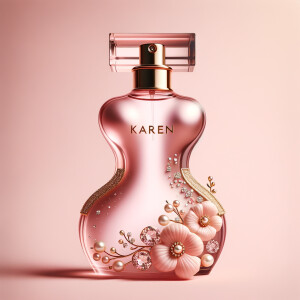 Design a fancy pink perfume bottle in the shape of a woman’s body with flowers, Pearls and diamonds and the name Karen