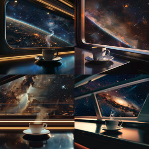 A cup of coffee on an interstellar cruise ship behind an observa...