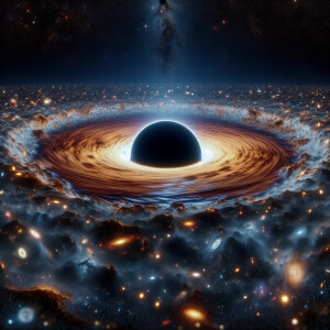 Depict a black hole with a scale so immense it encompasses the e...