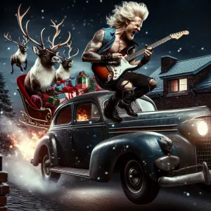 Blonde male rockstar playing a guitar while soaring in a vintage...