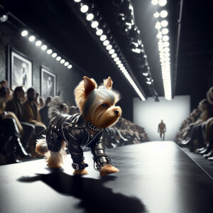 Anthropomorphic yorkie strutting down the catwalk of a Paris fas...