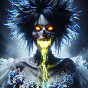 A haunting digital painting depicting a captivating American wom...