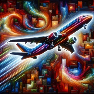 Generate an image of a jet made from different color neon puzzle...