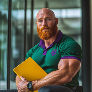Depict a strong and confident bald bodybuilder with a bold ginge...