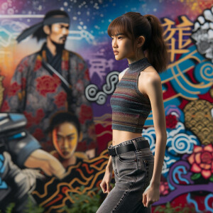 Very thin Athletic Thin skinny Attractive, Asian teenage girl, long brown hair and bangs, wearing tight skinny jeans and a halter top paint marks on her clothing, sitting side view heroic pose Asian graffiti