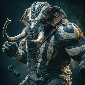 An anthropomorphic elephant  dressed in a fitted venom costume,...