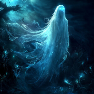 A translucent ghost gracefully drifting in the dark depths of th...