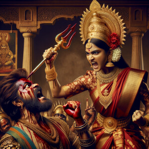 portrait of angry looking, indian goddess cosplayer straddling a defeated mahishasur, while he is lying on the ground and she stabs him with her trident. She is wearing a huge gold crown, red saree, abundant  gold jewelry, covered in blood. The scene is set in ancient India. The image is 8K resolution, cinematic, photography, ultra detailed face and epic.