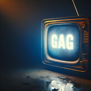 Eerie scene of a tube tv with the word “GAG” on the screen