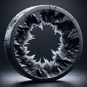 a wide flat ring of black metal with one jagged crack, the build...