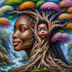Create a close-up, hyper-realistic 3-D oil painting of a tree wi...