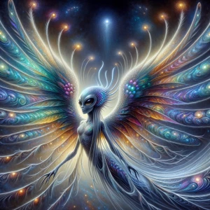 A shimmering, ethereal being with iridescent wings stretching ac...